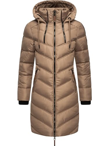 MARIKOO Damen Wintermantel Warmer Steppmantel lang mit Verstellbarer Kapuze Armasa Taupe Grey Gr. L von MARIKOO