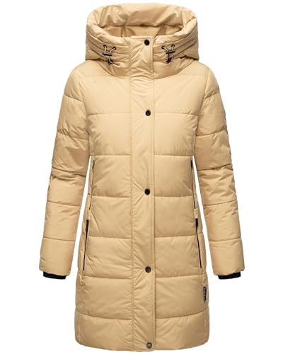 MARIKOO Damen Wintermantel warmer Steppmantel lang mit Kapuze und hohem Kragen Karumikoo XVI Sand Gr. L von MARIKOO
