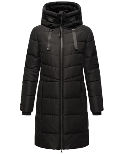 MARIKOO Damen Wintermantel warmer Steppmantel lang mit verstellbarer Kapuze und hohem Kragen Natsukoo XVI Black Gr. XL von MARIKOO