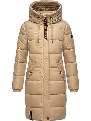 MARIKOO Damen Wintermantel Warmer Steppmantel lang mit Kapuze Yuikoo Beige Gr. XL von MARIKOO