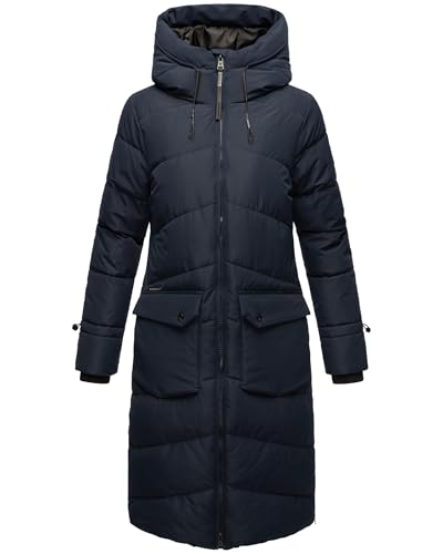 MARIKOO Damen Wintermantel Warmer Steppmantel lang mit Kapuze und Gehschlitzen Tomomii XVI Navy Gr. S von MARIKOO