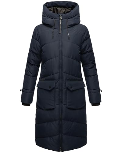 MARIKOO Damen Wintermantel Warmer Steppmantel lang mit Kapuze und Gehschlitzen Tomomii XVI Navy Gr. XS von MARIKOO