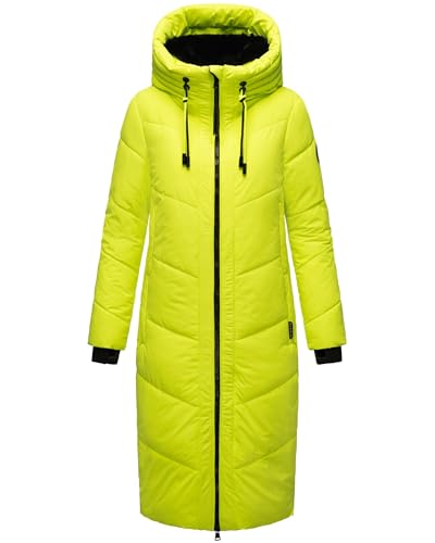 MARIKOO Damen Wintermantel Warmer Steppmantel lang mit Kapuze und abnehmbarem Kunstfellkragen Nadaree XVI Neon Green Gr. M von MARIKOO