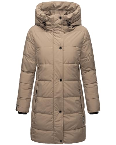 MARIKOO Damen Wintermantel warmer Steppmantel lang mit Kapuze und hohem Kragen Karumikoo XVI Taupe Grey Gr. L von MARIKOO