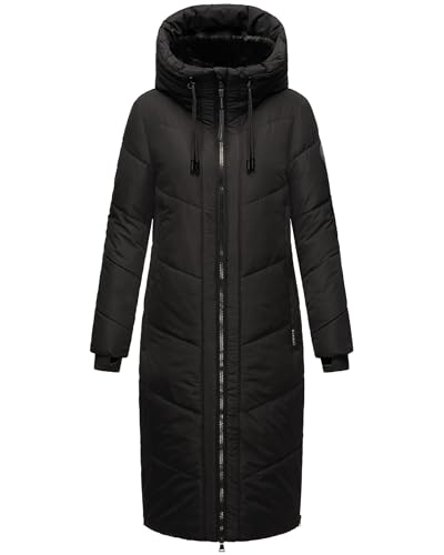 MARIKOO Damen Wintermantel warmer Steppmantel lang mit verstellbarer Kapuze und hohem Kragen Nadaree XVI Black Gr. L von MARIKOO