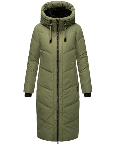 MARIKOO Damen Wintermantel warmer Steppmantel lang mit verstellbarer Kapuze und hohem Kragen Nadaree XVI Olive Leaf Gr. M von MARIKOO