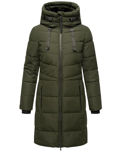 MARIKOO Damen Wintermantel warmer Steppmantel lang mit verstellbarer Kapuze und hohem Kragen Natsukoo XVI Dark Olive Gr. XS von MARIKOO