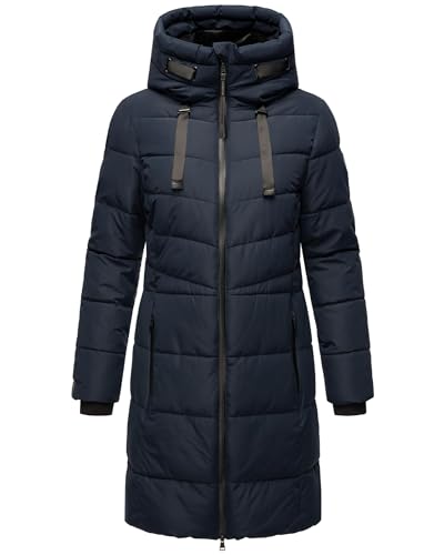 MARIKOO Damen Wintermantel warmer Steppmantel lang mit verstellbarer Kapuze und hohem Kragen Natsukoo XVI Navy Gr. XL von MARIKOO