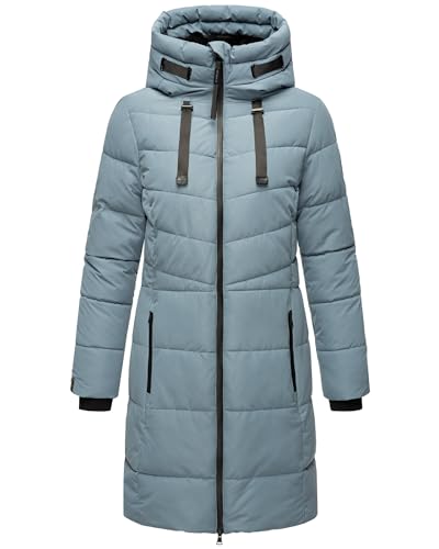 MARIKOO Damen Wintermantel warmer Steppmantel lang mit verstellbarer Kapuze und hohem Kragen Natsukoo XVI Powder Blue Gr. M von MARIKOO
