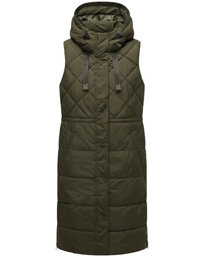 MARIKOO Damen ärmellose Lange Outdoorweste warme Gesteppte Weste mit Kapuze Narikaa 16 Dark Olive Gr. L von MARIKOO
