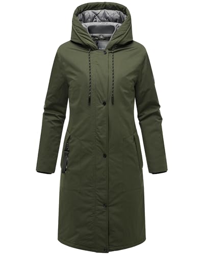 MARIKOO Damen lange Übergangsjacke Mantel mit abnehmbarem Rippstrickkragen und großer Kapuze Ledalaa 16 Dark Olive Gr. XL von MARIKOO