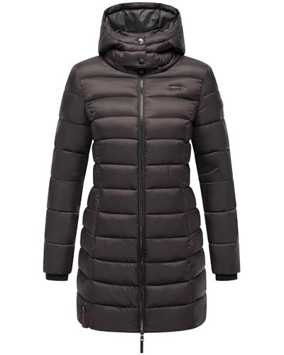 MARIKOO Damen Langer Wintermantel Warmer Steppmantel mit Abnehmbarer Kapuze Abendsternchen Choco Gr. L von MARIKOO