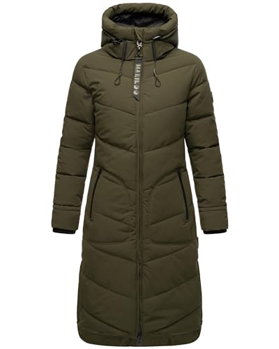 MARIKOO Damen langer Wintermantel warmer Steppmantel mit verstellbarer Kapuze Benikoo Dark Olive Gr. M von MARIKOO