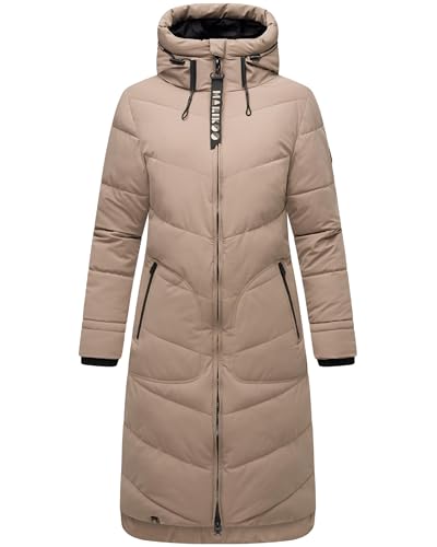 MARIKOO Damen langer Wintermantel warmer Steppmantel mit verstellbarer Kapuze Benikoo Taupe Grey Gr. L von MARIKOO