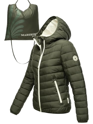 MARIKOO Damen leichte Übergangsjacke Kurze Steppjacke mit innen eingenähter Tragetasche zum einfachen Verstauen und praktischem Umhängen der Jacke Pack Mich EIN Dark Olive Gr. M von MARIKOO