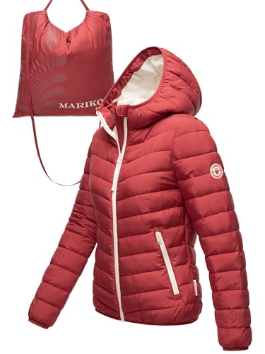 MARIKOO Damen leichte Übergangsjacke Kurze Steppjacke mit innen eingenähter Tragetasche zum einfachen Verstauen und praktischem Umhängen der Jacke Pack Mich EIN Deep Red Gr. M von MARIKOO