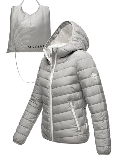 MARIKOO Damen leichte Übergangsjacke Kurze Steppjacke mit innen eingenähter Tragetasche zum einfachen Verstauen und praktischem Umhängen der Jacke Pack Mich EIN Grey Gr. M von MARIKOO