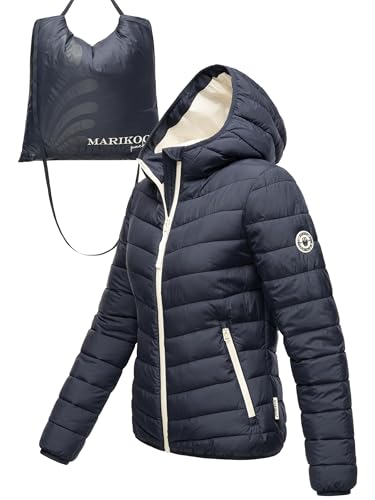 MARIKOO Damen leichte Übergangsjacke Kurze Steppjacke mit innen eingenähter Tragetasche zum einfachen Verstauen und praktischem Umhängen der Jacke Pack Mich EIN Navy Gr. M von MARIKOO
