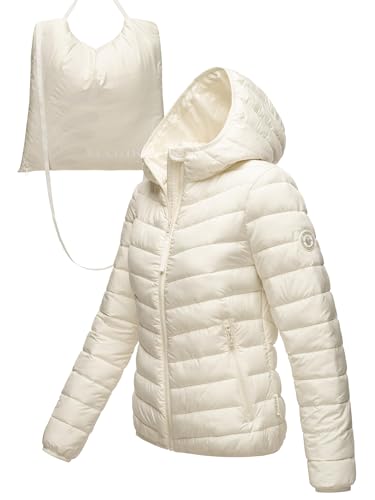 MARIKOO Damen leichte Übergangsjacke Kurze Steppjacke mit innen eingenähter Tragetasche zum einfachen Verstauen und praktischem Umhängen der Jacke Pack Mich EIN Off White Gr. 3XL von MARIKOO
