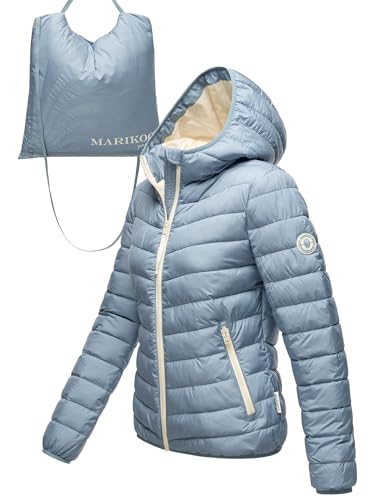 MARIKOO Damen leichte Übergangsjacke Kurze Steppjacke mit innen eingenähter Tragetasche zum einfachen Verstauen und praktischem Umhängen der Jacke Pack Mich EIN Powder Blue Gr. M von MARIKOO