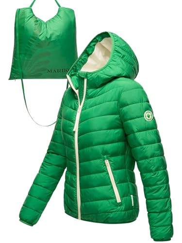 MARIKOO Damen leichte Übergangsjacke Kurze Steppjacke mit innen eingenähter Tragetasche zum einfachen Verstauen und praktischem Umhängen der Jacke Pack Mich EIN Smaragd Green Gr. M von MARIKOO