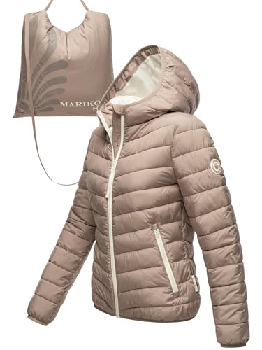 MARIKOO Damen leichte Übergangsjacke Kurze Steppjacke mit innen eingenähter Tragetasche zum einfachen Verstauen und praktischem Umhängen der Jacke Pack Mich EIN Taupe Grey Gr. L von MARIKOO