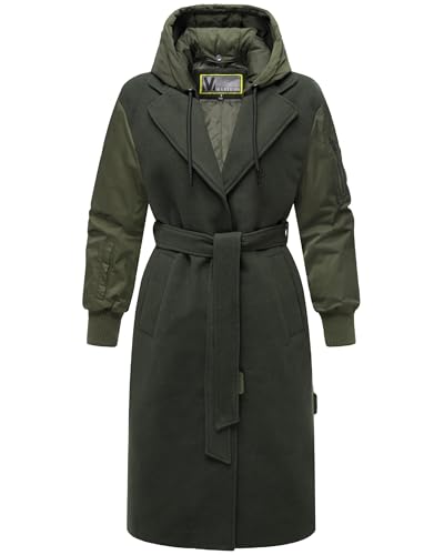 MARIKOO Damen warmer langer Übergangsmantel in angesagtem Materialmix mit abnehmbarer Kapuze und Binde-Gürtel Tjadee 16 Dark Olive Gr. S von MARIKOO