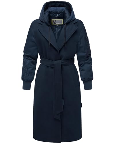 MARIKOO Damen warmer langer Übergangsmantel in angesagtem Materialmix mit abnehmbarer Kapuze und Binde-Gürtel Tjadee 16 Navy Gr. S von MARIKOO