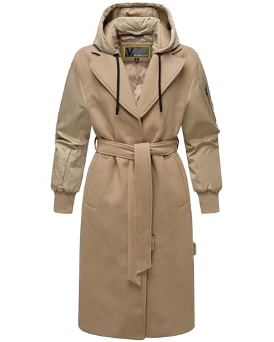 MARIKOO Damen warmer langer Übergangsmantel in angesagtem Materialmix mit abnehmbarer Kapuze und Binde-Gürtel Tjadee 16 Sand Beige Gr. XXL von MARIKOO