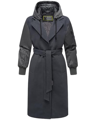 MARIKOO Damen warmer langer Übergangsmantel in angesagtem Materialmix mit abnehmbarer Kapuze und Binde-Gürtel Tjadee 16 Anthracite Gr. M von MARIKOO