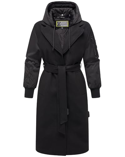 MARIKOO Damen warmer langer Übergangsmantel in angesagtem Materialmix mit abnehmbarer Kapuze und Binde-Gürtel Tjadee 16 Black Gr. XXL von MARIKOO