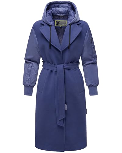 MARIKOO Damen warmer langer Übergangsmantel in angesagtem Materialmix mit abnehmbarer Kapuze und Binde-Gürtel Tjadee 16 Blue Violet Gr. XL von MARIKOO