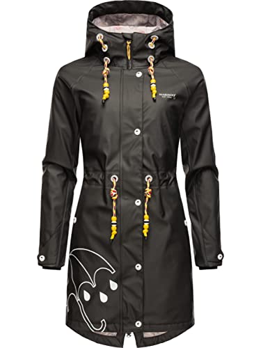 MARIKOO Damen Übergangsjacke Regenmantel wasserdicht lang warm gefüttert mit Kapuze Dancing Umbrella Black Gr. L von MARIKOO