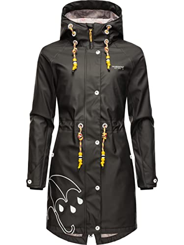 MARIKOO Damen Übergangsjacke Regenmantel wasserdicht lang warm gefüttert mit Kapuze Dancing Umbrella Black Gr. M von MARIKOO