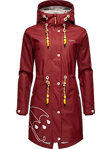MARIKOO Damen Übergangsjacke Regenmantel wasserdicht lang warm gefüttert mit Kapuze Dancing Umbrella Blood Red Gr. S von MARIKOO