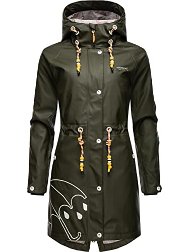 MARIKOO Damen Übergangsjacke Regenmantel wasserdicht lang warm gefüttert mit Kapuze Dancing Umbrella Dark Olive Gr. S von MARIKOO