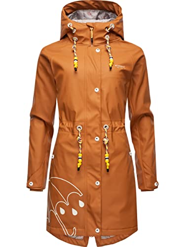 MARIKOO Damen Übergangsjacke Regenmantel wasserdicht lang warm gefüttert mit Kapuze Dancing Umbrella Rusty Cinnamon Gr. M von MARIKOO