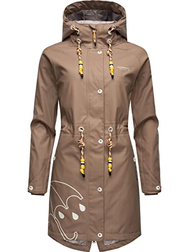 MARIKOO Damen Übergangsjacke Regenmantel wasserdicht lang warm gefüttert mit Kapuze Dancing Umbrella Taupe Gr. S von MARIKOO