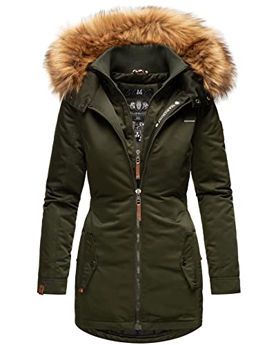 MARIKOO Designer Damen Winter Jacke Parka Mantel Teddyfell warm gefüttert B825 [B825-Sanak-Olive-Gr.L] von MARIKOO