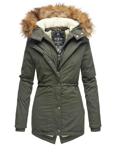 MARIKOO Designer Damen Winter Parka warme Winterjacke Mantel Jacke B601 [B601-Akira-Olive-Gr.L] von MARIKOO