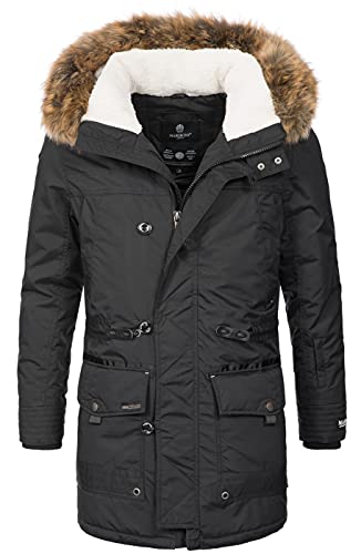 MARIKOO Herren Winterjacke Kapuze Kunstfell Winter Jacke Parka warm lang B629 [B629-Ansaya-Schwarz-Gr.S] von MARIKOO