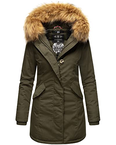 MARIKOO Premium Damen Winter Jacke Stepp Parka Mantel Winterjacke warm gefüttert Kunstpelz KARMAA PRINCESS XS-XXL (DE/NL/SE/PL, Alphanumerisch, S, Regular, Regular, Olive) von MARIKOO