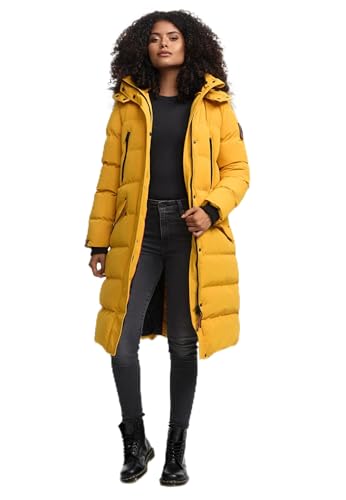 MARIKOO lange Damen Winterjacke warmer Parka gesteppt mit Kapuze B890 [B890-Schneestern-A-Yellow-Gr.S] von MARIKOO
