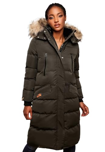 MARIKOO lange Damen Winterjacke warmer Parka gesteppt mit Kapuze B890 [B890-Schneestern-Anthrazit-Gr.XL] von MARIKOO