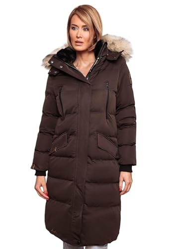 MARIKOO lange Damen Winterjacke warmer Parka gesteppt mit Kapuze B890 [B890-Schneestern-Choco-Gr.M] von MARIKOO