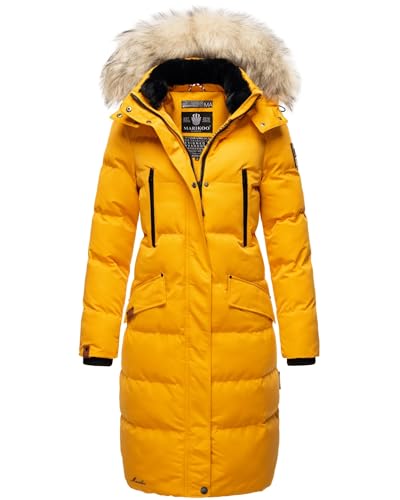 MARIKOO lange Damen Winterjacke warmer Parka gesteppt mit Kapuze B890 [B890-Schneestern-Gelb-Gr.L] von MARIKOO