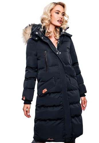 MARIKOO lange Damen Winterjacke warmer Parka gesteppt mit Kapuze B890 [B890-Schneestern-Navy-Gr.L] von MARIKOO