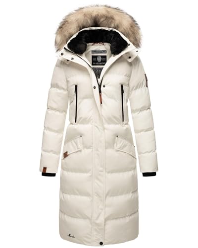 MARIKOO lange Damen Winterjacke warmer Parka gesteppt mit Kapuze B890 [B890-Schneestern-Offwh-Gr.L] von MARIKOO