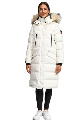 MARIKOO lange Damen Winterjacke warmer Parka gesteppt mit Kapuze B890 [B890-Schneestern-Offwh-Gr.S] von MARIKOO