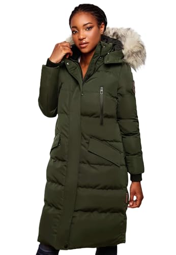 MARIKOO lange Damen Winterjacke warmer Parka gesteppt mit Kapuze B890 [B890-Schneestern-Olive-Gr.L] von MARIKOO